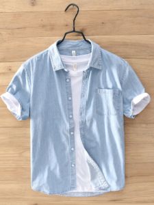 Soft Denim Shirt Mens Short-Sleeved Summer Thin Casual Tops Loose Washed-out Pure Cotton Shirt Summer Half Sleeve Fashion