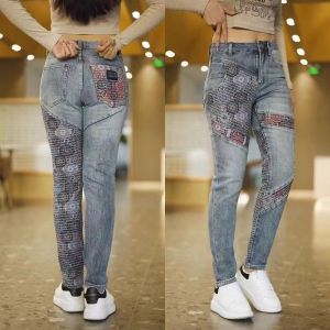 High-End Mens Elastic Waist Floral Pattern Casual Jeans Color Block Fashionable Korean Version Splice Long Pants