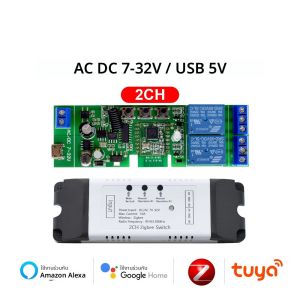 2CH Zigbee Tuya Dry Contact สมาร์ทสวิทช์ 2 ช่อง AC DC 7-32V 85-250V 220V บอร์ดรีเลย์โมดูล RF ตัวรับสัญญาณ Works Alexa
