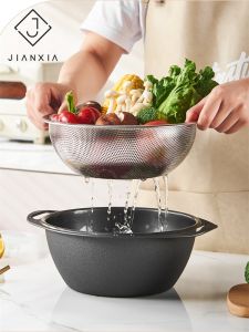 Stainless Steel Double Layered Kitchen Sink Strainer Vegetable Washer Rice Cleaning Basket Drain Basket Home Use Utility