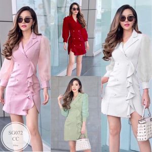 SS072 Dress เดรสสั้นผ้าซาร่า แขนพองซีทรูทรงตุ๊กตา ปลายแขนติดกระดุมใช้งานได้