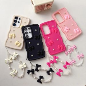 3D Cute Kawaii Bowknot Phone Case with Pearl Strap Chain For Samsung Galaxy S26 Ultra S25 S24 S23 Plus + S22 S21 S20 FE A17 A07