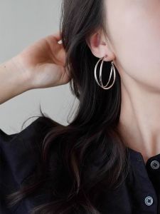 Double Layer Crossed Circle Earrings Women Fashion Exaggerated Sensation Small Face Simple Design Versatile Ear Jewelry