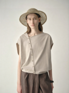 INSIS FEMME | Silk Cotton Blend Chinese Style Oblique Collar Cocoon Sleeve T-Shirt