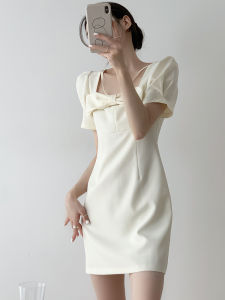 Yahi Gentle Bow Temperament Commute Premium Design Sense Niche Short Almond White French Dress Summer