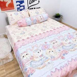 ผ้าปูที่นอน ผ้าห่มนวม(ลายแมวขาว) ขนาด 3|5|6 🛌 ฟุต เนื้อผ้าคอตตอน 100% หนานุ่ม นอนสบาย🛒🌷🌸🌈