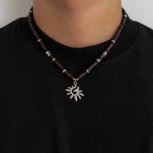 IngeSight.Z 3 Styles Hiphop Wood Bead Necklace for Men Punk Silver Color Sun Pendant Necklace Gothic Surfer Jewelry Accessories