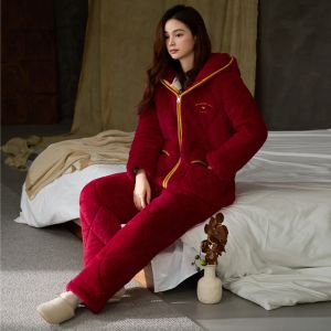 Womens Velvet Pajamas Winter Thickened Three-layer Cotton Coral Fleece Hooded Red Home Clothes Set Comfortable Sleepwear