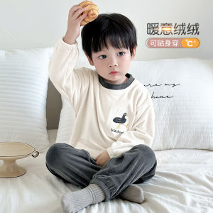 Childrens Coral Fleece Pajamas Set Warm Home Clothes for Boys And Girls Long Sleeve round Neck Pants Suitable for All Seasons