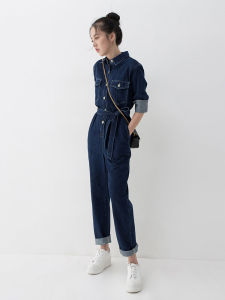 High Waist Polo Neck Overall Pants Womens Spring Autumn Long Sleeve Denim Jumpsuit Belted Loose Fit Workwear Style