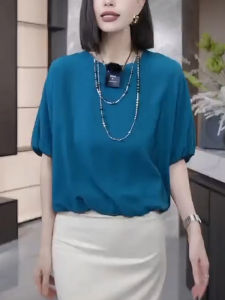 UYFY | Áo thun nữ tay ngắn cổ tròn màu xanh mùa hè dáng rộng thoải mái đa năng chín mảnh chất liệu cotton thường ngày