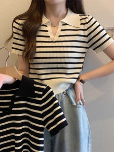 Nautical Stripe Womens T-Shirt Short Sleeve Slim Fit V-Neck Polo Neck Ice Silk Knitted Top Summer Fashion Korean Style
