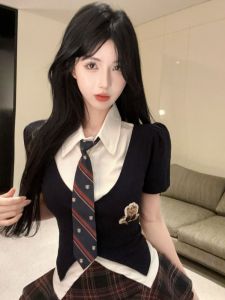 GUZILIAN | College Style Polo Collar Short Sleeve T-Shirt Women Summer Unique Beautiful Top Uniform Skirt Set Buttoning Short Pants