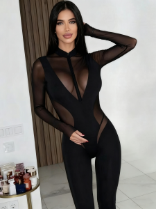 Sisterlinda Patchwork Jumpsuits Women High Neck Zipper Long Sleeve See Through Stretch Skinny  Midnight Coquett Party Clubwear