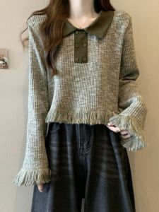 เสื้อสเวตเตอร์ถักคอตตอนทรงหลวมสไตล์เกาหลีสำหรับผู้หญิงไซส์ใหญ่ ฤดูใบไม้ผลิและฤดูใบไม้ร่วง เสื้อสเวตเตอร์คอปกสั้นลายปักด้วยขนแกะสั้น