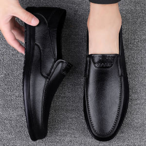 Mens Casual Business Shoes Spring Autumn New Style Soft Bottom Leather Slip-On round Toe Flat Heel Rubber Outsole Breathable