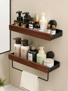 Walnut Bathroom Storage Rack Wall Mounted Vintage Style Toilet Washstand Suction Cup No Drilling Required Hanging Rack