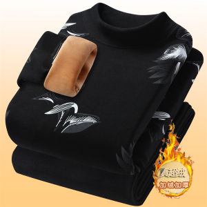 Mens Thermal Underwear Set Fleece Lined Thickened mid Neck Winter Youth Autumn Clothes Outdoor Wearable Luxury Printed Long Sleeve