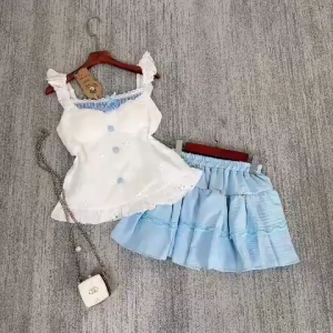 Set Đũi mặc hè phối ren hoa lỗ caro xanh tay cánh tiên đính nơ và chân váy mini tầng ngắn đi biể