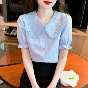 AMMIN summer new womens doll collar embroidered lapel shirt Korean fashion temperament bud sleeves loose fresh commuter office embroidery Tops