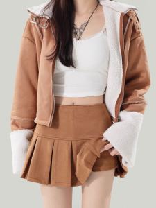 กระโปรงสั้นทรงเอเอวสูงผ้าหนังกบสไตล์ย้อนยุคสำหรับผู้หญิง ฤดูใบไม้ร่วง/ฤดูหนาว กระโปรงสั้นทรงเอทรงเอ