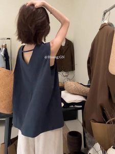 YUANYA | Áo Blouse Dáng Pháp Không Tay Không Lưng Cotton Linen Nữ