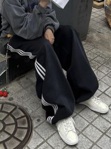 American Retro Street Cleanfit Three-Stripes Denim Jeans Mens Womens Loose Wide Leg Straight Long Pants Harajuku Style