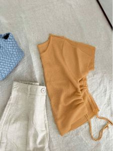 Áo Thun Tay Ngắn Dệt Kim Lụa Băng Màu Cam Cho Nữ Mùa Hè Ôm Vừa Vặn Nhỏ Nhắn Có Dây Rút Eo Ngắn Áo Thun Vai Thường