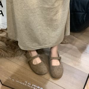 รองเท้าส้นแบน Mary Janes ขนแกะสไตล์ย้อนยุค Ocean One สำหรับผู้หญิง ฤดูใบไม้ร่วง/ฤดูหนาว สีพื้น สวมใส่สบาย รองเท้าส้นแบนแบบสวมสบาย