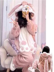 Thickened Coral Fleece Winter Pajamas Womens Cute Cartoon Rabbit Hooded Flannel Sleepwear Long Style Home Clothes
