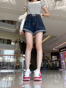 GHAOHES กางเกงยีนส์ขาสั้นหลวมปลายขาม้วนทรงเอ เอวสูงกระบอกใหญ่ ตัวเล็ก กระเป๋ารูปสี่เหลี่ยม  กางเกงขาสั้นAV102