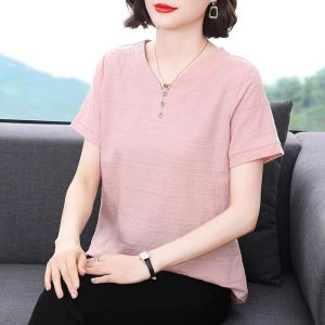 Áo sơ mi cotton hàng hiệu cho phụ nữ áo cổ chữ V áo tay ngắn cho áo cánh của mẹ
