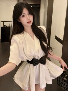 GUZILIAN | Elegant Satin Butterfly Knot Belt V-neck Shirt French Style Versatile Unique Top High Waist Design Casual Slim Fit Short Sleeve