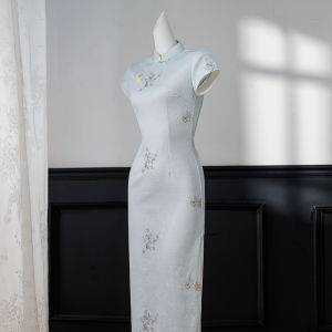 Elegant Traditional Chinese Dress with Modern Twist Blue Floral Print Slim Fit