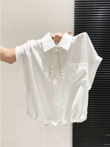 Polka Dot Bow Polo Shirt Drawstring Waist Short Sleeves