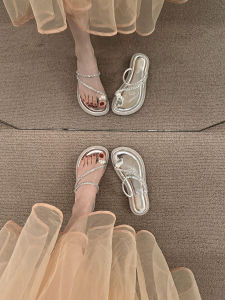 Womens Flat Pearl Toe Ring Sandals Summer Outdoor Wear Fairy Style Skirt Matching Flats Low Cut Slip-On PU Leather