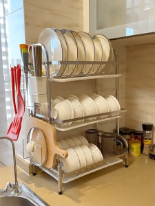 SJorage 304 Stainless Steel Dish Rack 2/3-Tier Drain Pan Dish Drying Rack Kitchen Countertop Plate Storage Organizer