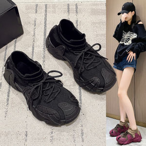 Womens Fleece Lined Running Shoes 2025 Winter Style Cotton Korean Comfortable Thick Bottom Fly Knit Sports Casual Shoes Soft Bottom