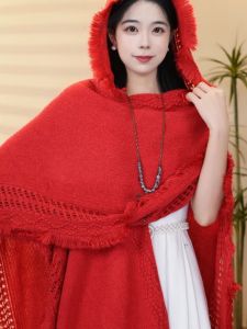 Autumn 2025 New Knitted Hooded Shawl Fashionable Versatile Warm Windproof Ethnic Style Multifunction Long Version Shawl for Women