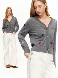 DUSHU | Colorful Floral Embroidered V-Neck Knitted Cardigan Springwear