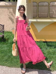 Pink Tassel Strap Dress Women Summer Loose Slimming Sweet Beach Vacation Style Travel Fairy Long Skirt A-Line Gown