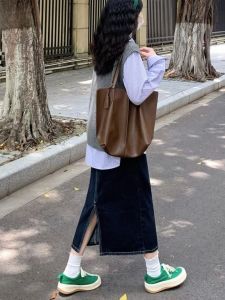 High Waist A-Line Denim Skirt Womens New Autumn Style Deep Blue Back Split Hip Covering Pear Shape Casual Commute Korean Version