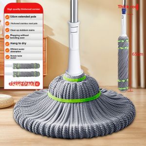 Thickened Sleeve Mop Bamboo Fiber One Push Wet Floor Cleaning Tool Quick Drying Large Area Water Squeezing Household Tool