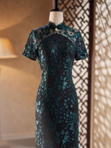 Improved Long Lace Cheongsam in Mint Green Retro Style Breathable Slimming Womens Summer Fashionable Chinese Style Dress