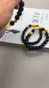 招财貔貅 黑曜石 招财转运手鏈 越南沙金双手链男女仿3D硬金黑曜石佛珠皮丘手串好运财富风水Gold Plated Pixiu Pi Yap 6 Words Mantra Feng Shui Lucky Bracelet