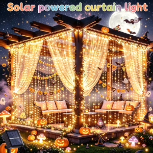 WELPUR | Upgraded Solar Curtain Lights 300 LED Waterfall Light 8 Modes Fairy String Lights for Outdoor Christmas Party Wedding Decor