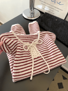 Korean Style Striped Knot Butterfly Design Womens Soft Sweater Long Sleeve Knitted Pullover Casual Comfortable Breathable