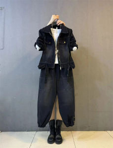 พลัสไซส์ สตรีทสไตล์ เดนิม เสื้อแจ็คเก็ต และ กางเกงขายาว ชุด ลำลอง พรางหุ่น แฟชั่น ฤดูใบไม้ผลิ คอลเลกชัน ผู้หญิง Ensemble Long Sleeve Polo Neck