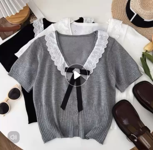Ribbon Pin V-Neck lace Lapel Knitted Tops Short Sleeve Buttons Down French Style High Quality Casual Blouse Tops