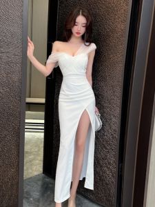Elegant High Slit Long Skirt Splice Mesh Tube Top Year Conference Ball Gown Dress High Waist Chiffon Solid Color Polyester